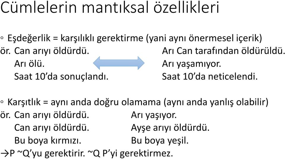 Saat 10 da neticelendi. Karşıtlık = aynı anda doğru olamama (aynı anda yanlış olabilir) ör.