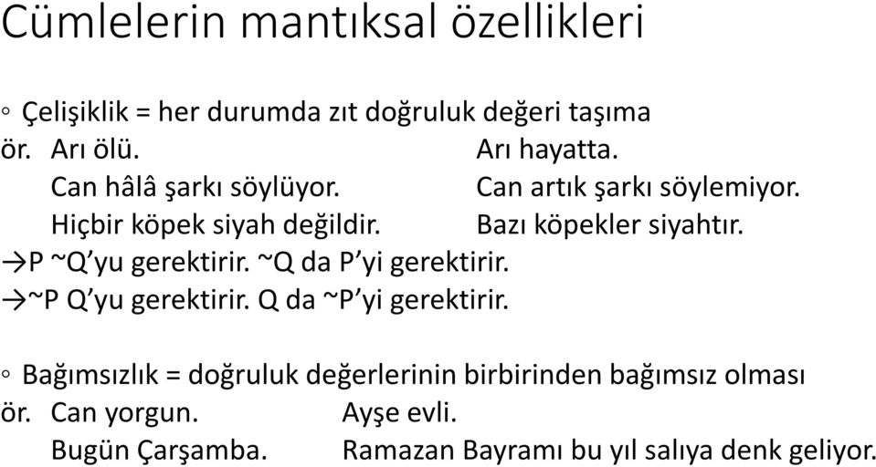 P ~Q yu gerektirir. ~Q da P yi gerektirir. ~P Q yu gerektirir. Q da ~P yi gerektirir.