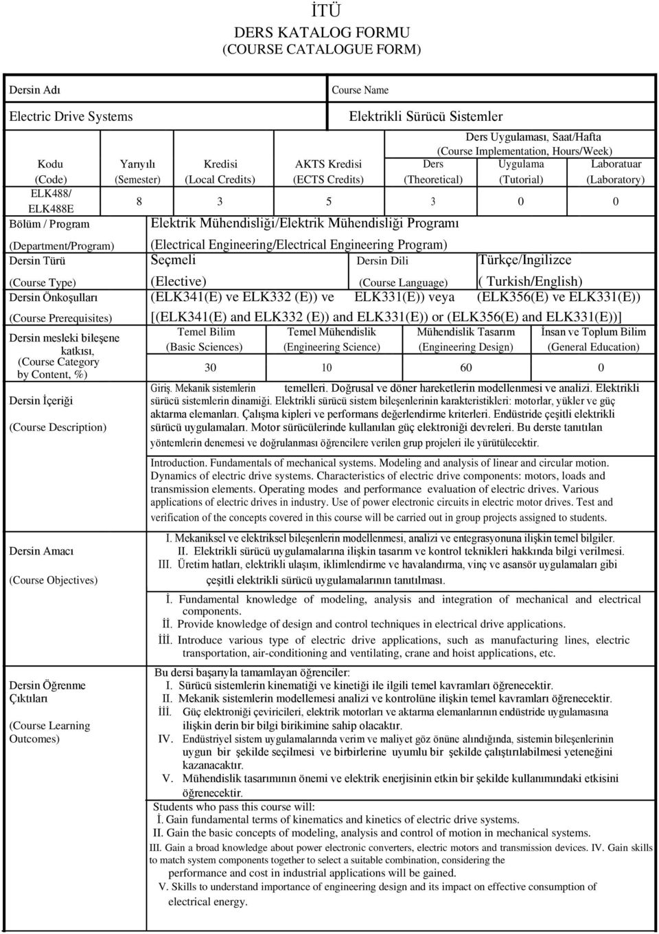 Mühendisliği/Elektrik Mühendisliği Programı (Department/Program) (Electrical Engineering/Electrical Engineering Program) Dersin Türü Seçmeli Dersin Dili Türkçe/İngilizce (Course Type) (Elective)