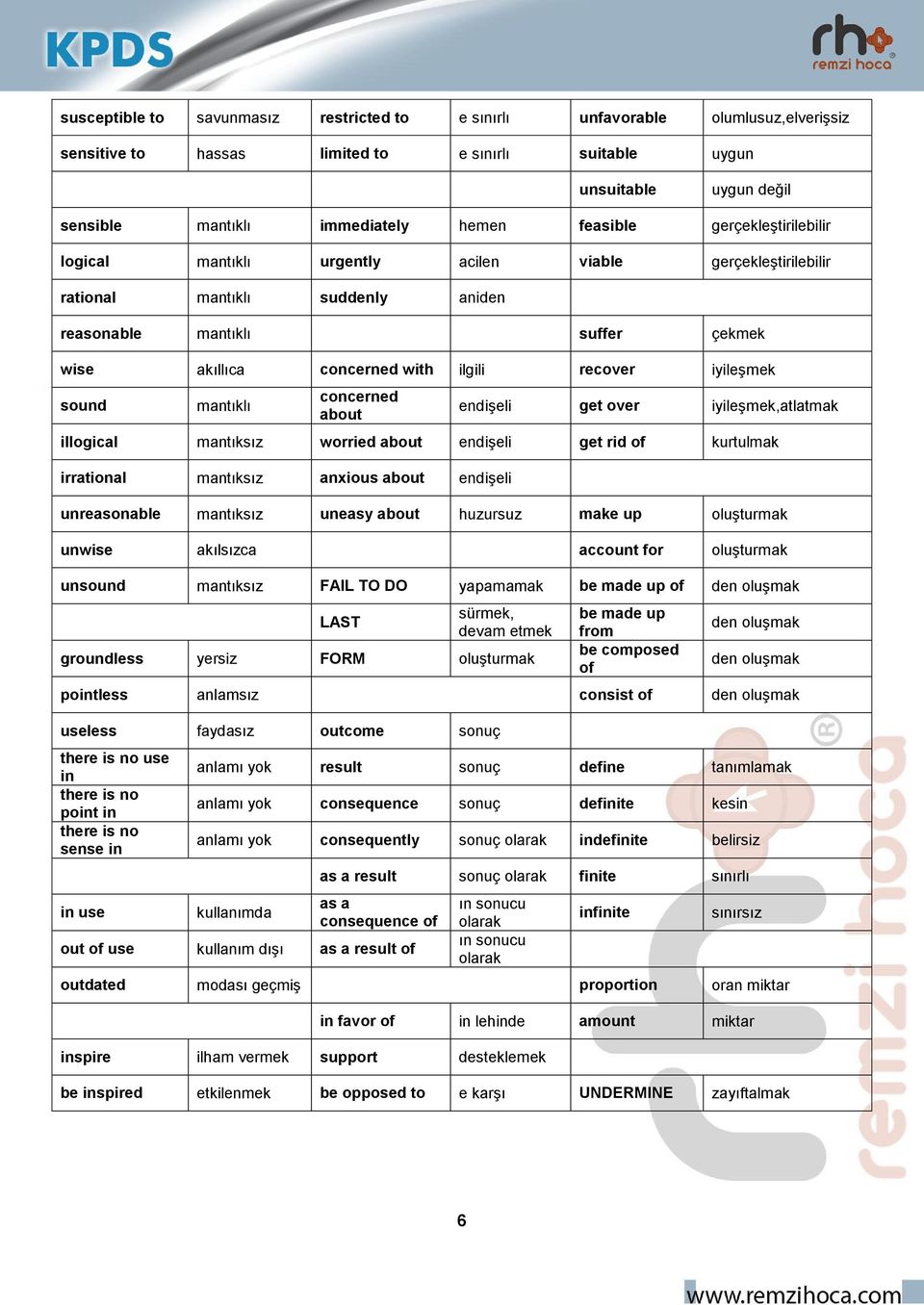 recover iyileşmek sound mantıklı concerned about endişeli get over iyileşmek,atlatmak illogical mantıksız worried about endişeli get rid of kurtulmak irrational mantıksız anxious about endişeli