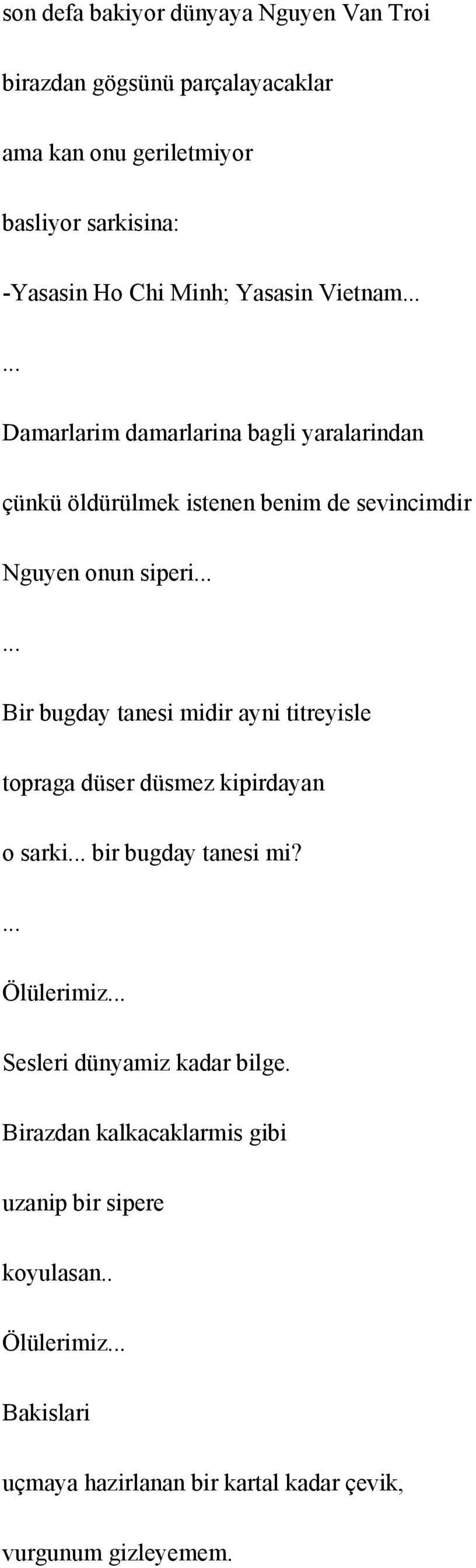 ..... Bir bugday tanesi midir ayni titreyisle topraga düser düsmez kipirdayan o sarki... bir bugday tanesi mi?... Ölülerimiz.