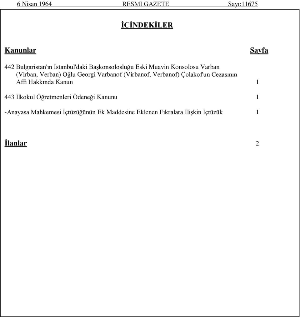 Varbanof (Virbanof, Verbanof) Çolakof'un Cezasının Affı Hakkında Kanun 1 443 İlkokul