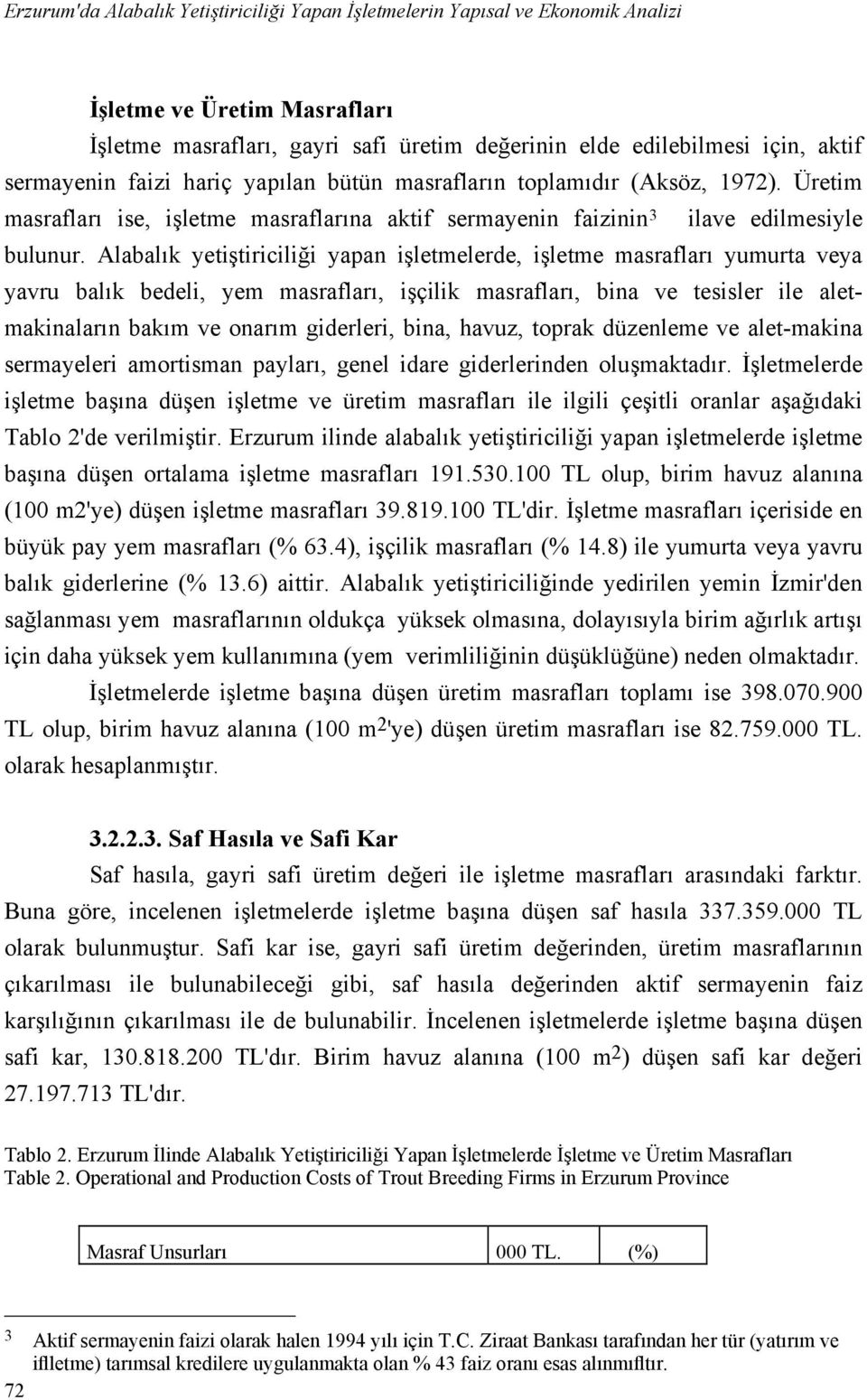 Alabalık yetiştiriciliği yapan işletmelerde, işletme masrafları yumurta veya yavru balık bedeli, yem masrafları, işçilik masrafları, bina ve tesisler ile aletmakinaların bakım ve onarım giderleri,