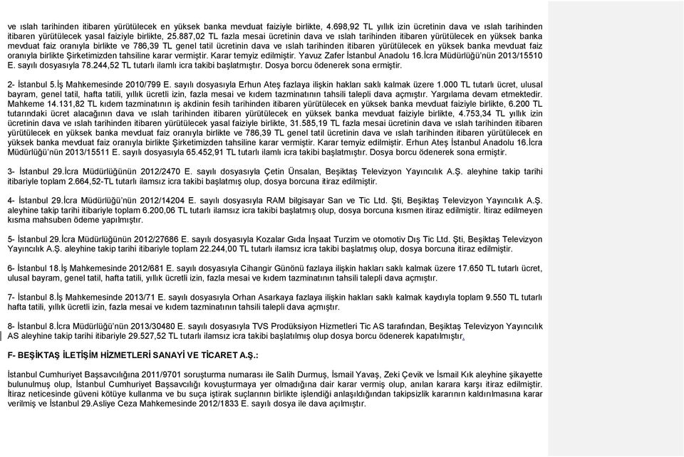 yürütülecek en yüksek banka mevduat faiz oranıyla birlikte Şirketimizden tahsiline karar vermiştir. Karar temyiz edilmiştir. Yavuz Zafer İstanbul Anadolu 16.İcra Müdürlüğü nün 2013/15510 E.