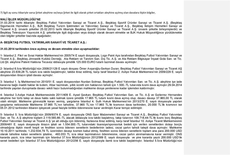 Ş., Beşiktaş İletişim Hizmetleri Sanayi ve Ticaaret A.Ş. ünvanlı şirketler 25.02.2013 tarihi itibariyle Beşiktaş Sportif Ürünler Sanayi ve Ticaret A.Ş. ünvanlı şirketle birleşmişlerdir) ve Beşiktaş Televizyon Yayıncılık A.