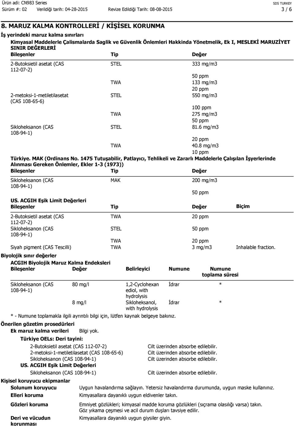 Tip Değer 2-Butoksietil asetat (CAS 112-07-2) 2-metoksi-1-metiletilasetat (CAS 108-65-6) 333 mg/m3 133 mg/m3 550 mg/m3 100 ppm 275 mg/m3 81.6 mg/m3 40.8 mg/m3 10 ppm Türkiye. MAK (Ordinans No.