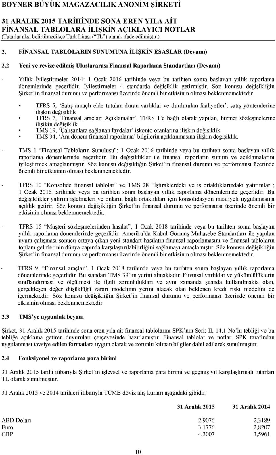 geçerlidir. İyileştirmeler 4 standarda değişiklik getirmiştir. Söz konusu değişikliğin Şirket in finansal durumu ve performansı üzerinde önemli bir etkisinin olması beklenmemektedir.