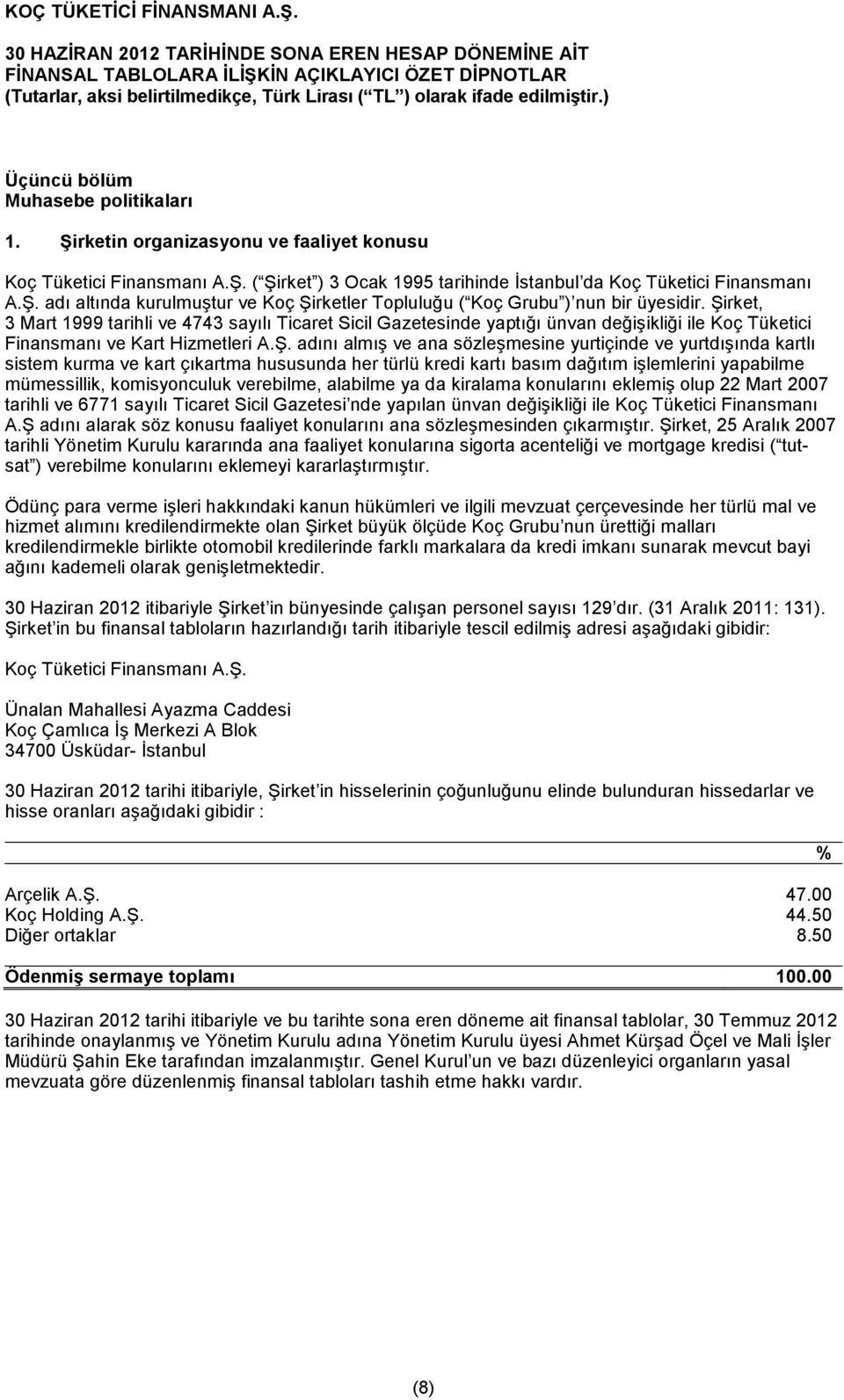 Şirket, 3 Mart 1999 tarihli ve 4743 sayılı Ticaret Sicil Gazetesinde yaptığı ünvan değişikliği ile Koç Tüketici Finansmanı ve Kart Hizmetleri A.Ş. adını almış ve ana sözleşmesine yurtiçinde ve