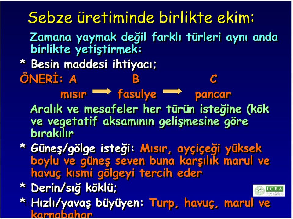 bırakılır * Güneş/gölge isteği: Mısır, ayçiçeği yüksek boylu ve güneş seven buna karşılık marul ve havuç kısmi gölgeyi tercih