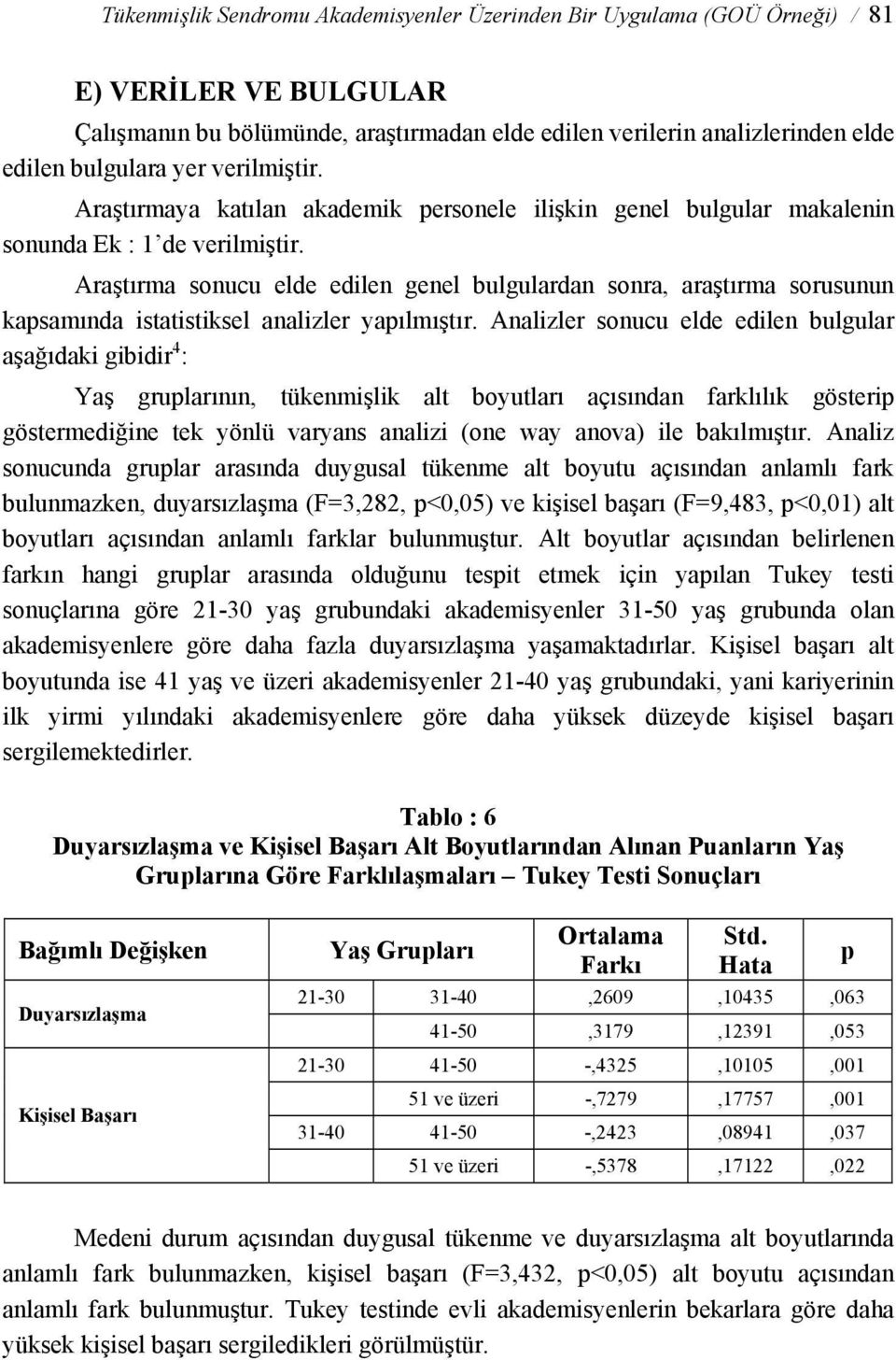 Araştırma sonucu elde edilen genel bulgulardan sonra, araştırma sorusunun kapsamında istatistiksel analizler yapılmıştır.