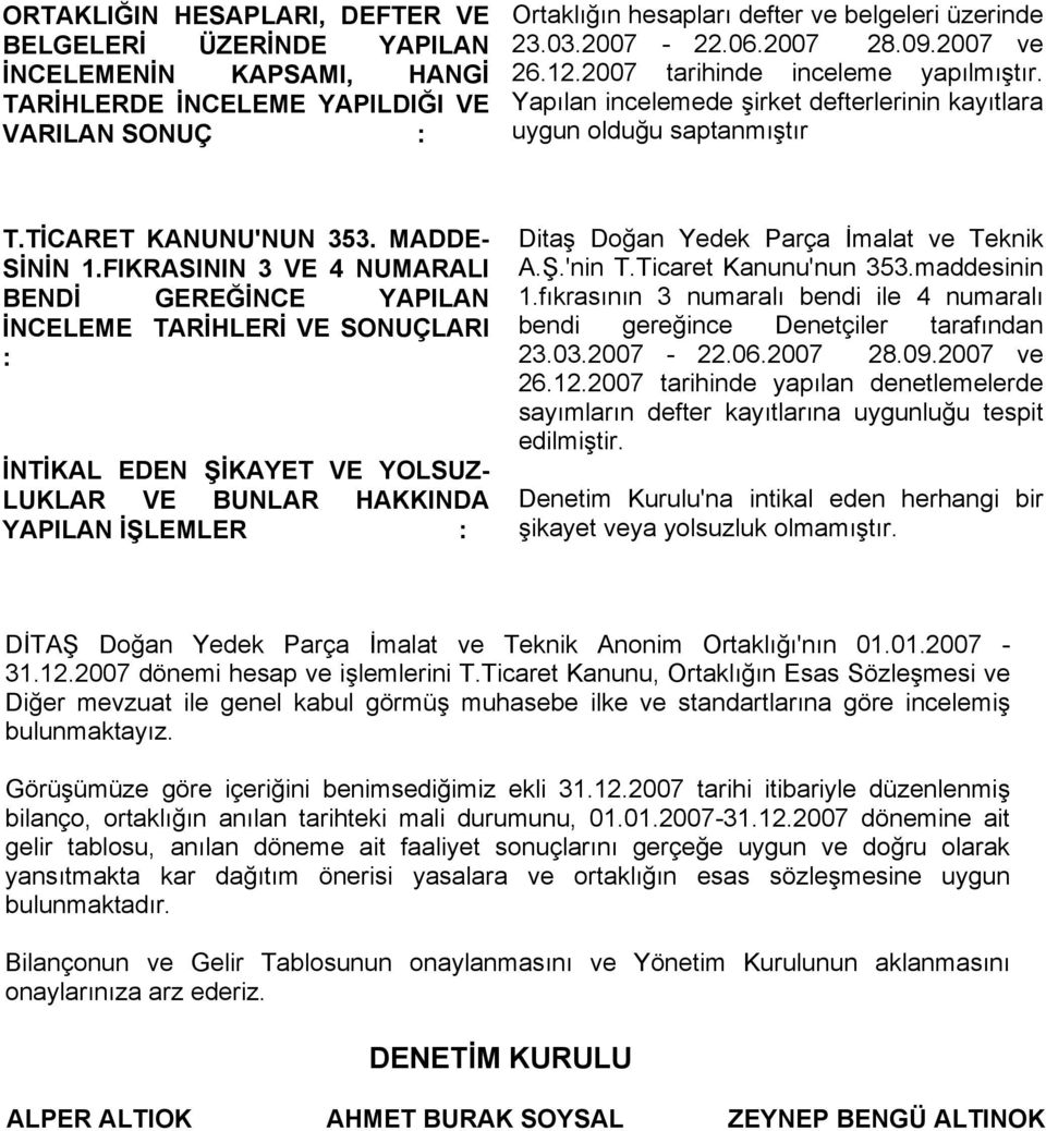 FIKRASININ 3 VE 4 NUMARALI BENDİ GEREĞİNCE YAPILAN İNCELEME TARİHLERİ VE SONUÇLARI : İNTİKAL EDEN ŞİKAYET VE YOLSUZ- LUKLAR VE BUNLAR HAKKINDA YAPILAN İŞLEMLER : Ditaş Doğan Yedek Parça İmalat ve