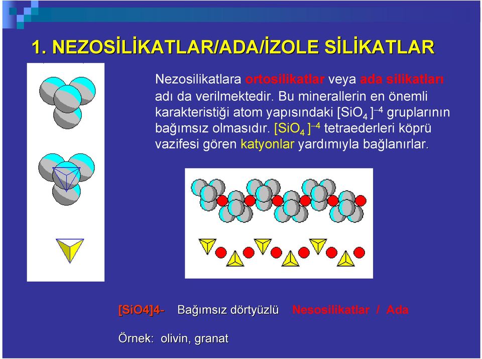 Bu minerallerin en önemli karakteristiği atom yapısındaki [SiO 4 ] 4 gruplarının bağımsız