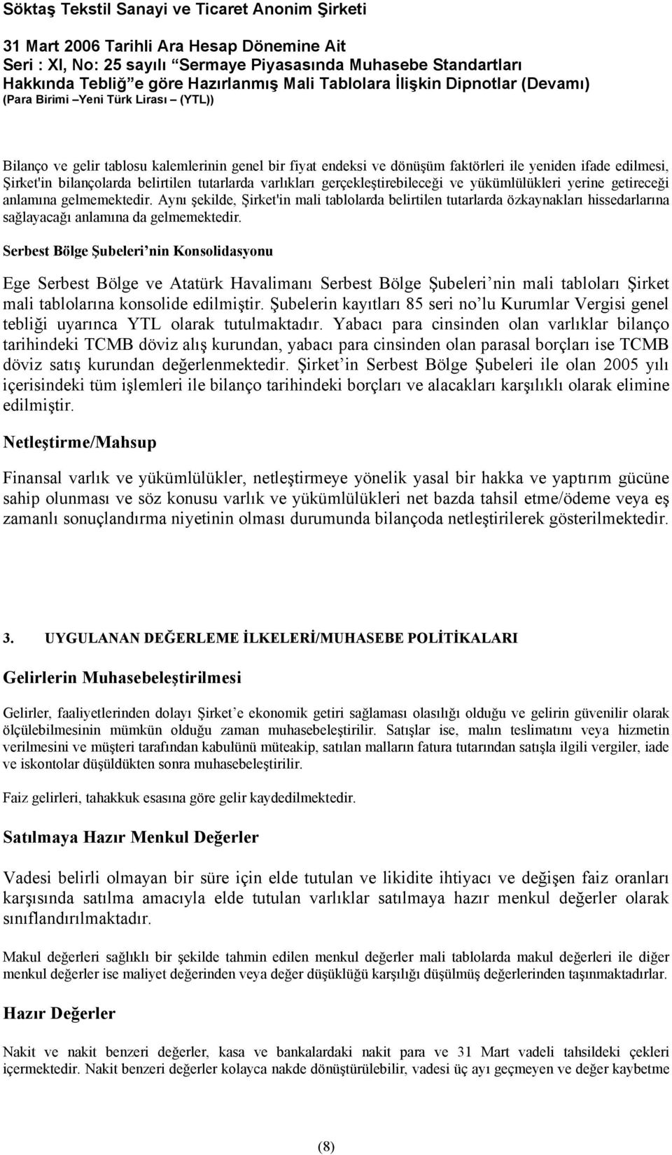 Serbest Bölge Şubeleri nin Konsolidasyonu Ege Serbest Bölge ve Atatürk Havalimanı Serbest Bölge Şubeleri nin mali tabloları Şirket mali tablolarına konsolide edilmiştir.