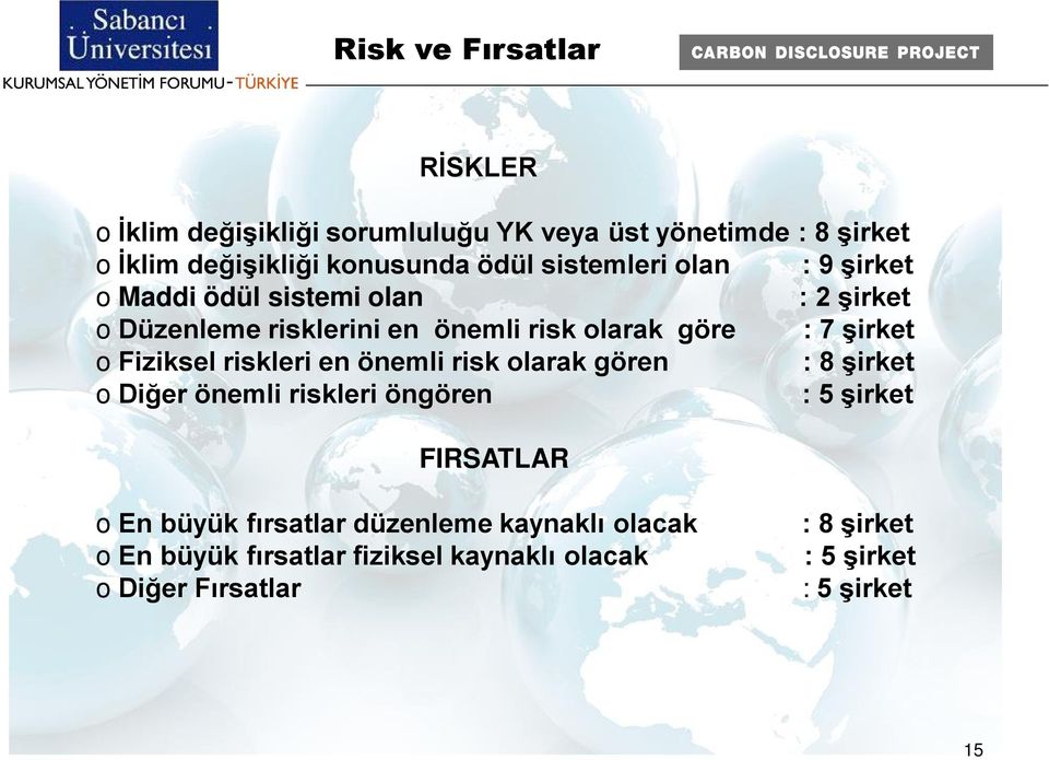 Fiziksel riskleri en önemli risk olarak gören : 8 şirket o Diğer önemli riskleri öngören : 5 şirket FIRSATLAR o En büyük