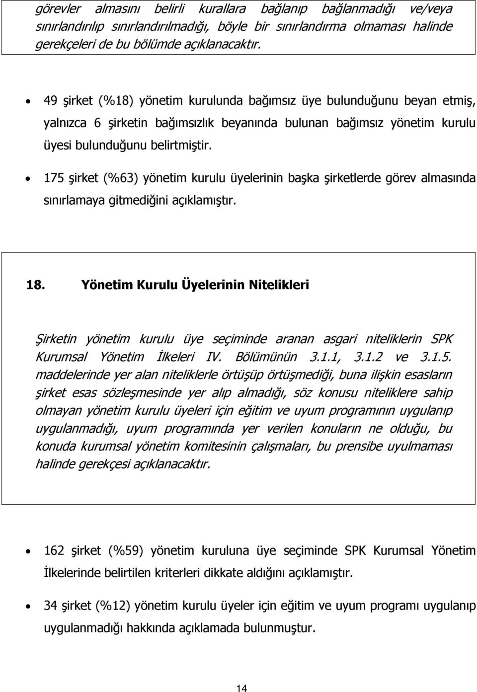 175 şirket (%63) yönetim kurulu üyelerinin başka şirketlerde görev almasında sınırlamaya gitmediğini açıklamıştır. 18.