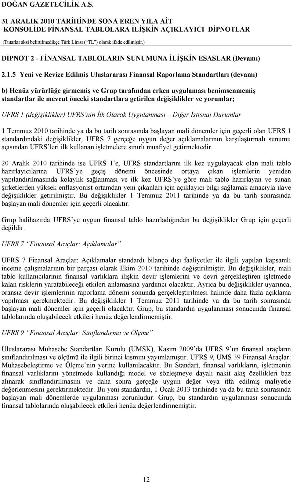 getirilen değişiklikler ve yorumlar; UFRS 1 (değişiklikler) UFRS nin İlk Olarak Uygulanması Diğer İstisnai Durumlar 1 Temmuz 2010 tarihinde ya da bu tarih sonrasında başlayan mali dönemler için