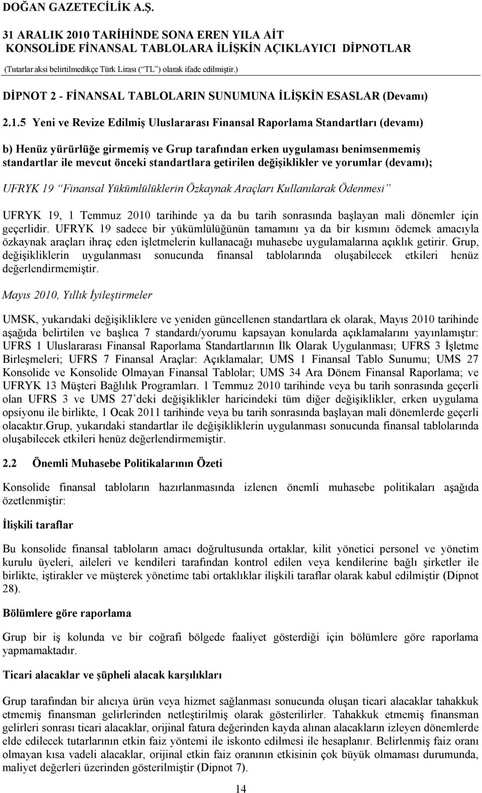 getirilen değişiklikler ve yorumlar (devamı); UFRYK 19 Finansal Yükümlülüklerin Özkaynak Araçları Kullanılarak Ödenmesi UFRYK 19, 1 Temmuz 2010 tarihinde ya da bu tarih sonrasında başlayan mali