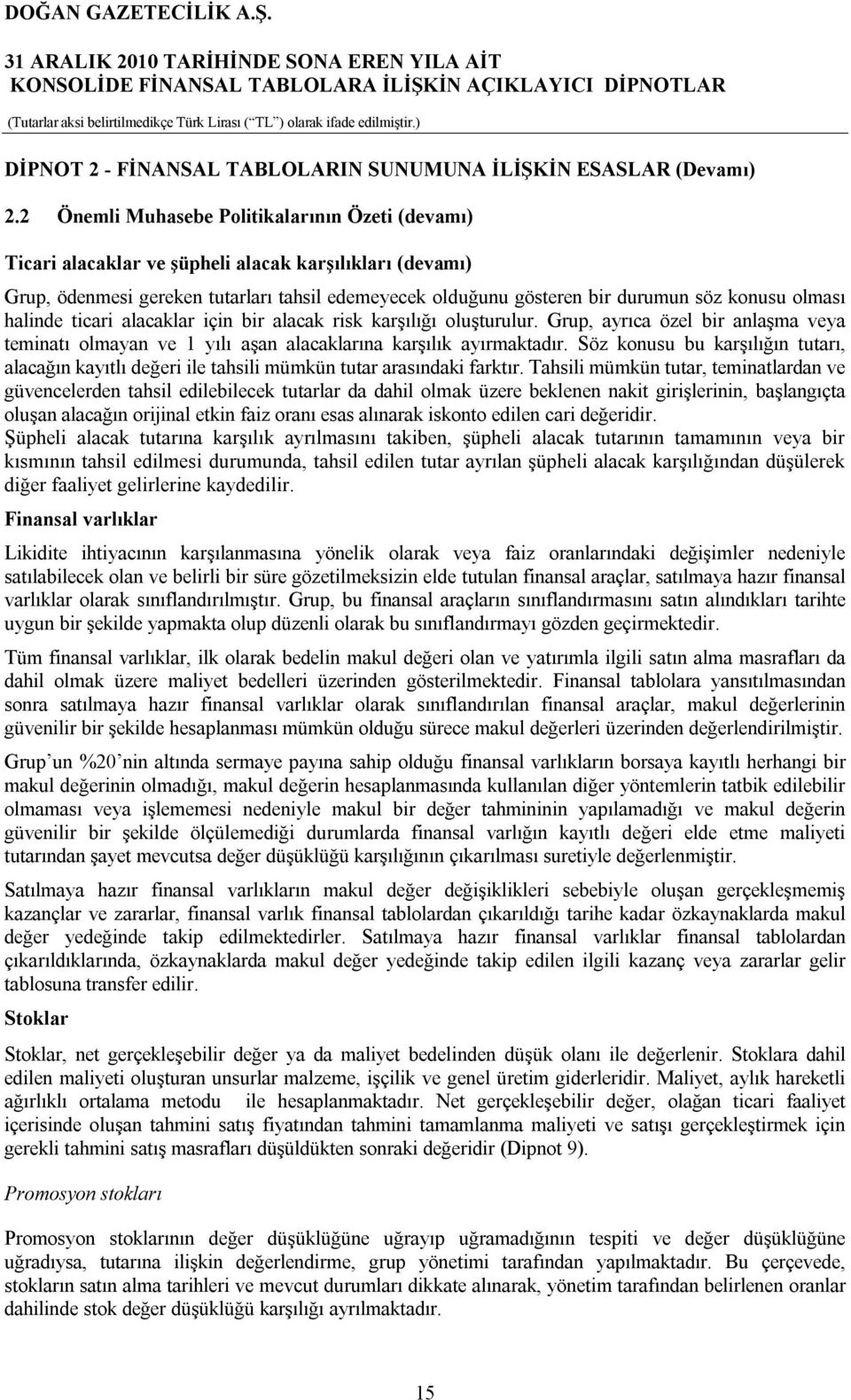 olması halinde ticari alacaklar için bir alacak risk karşılığı oluşturulur. Grup, ayrıca özel bir anlaşma veya teminatı olmayan ve 1 yılı aşan alacaklarına karşılık ayırmaktadır.