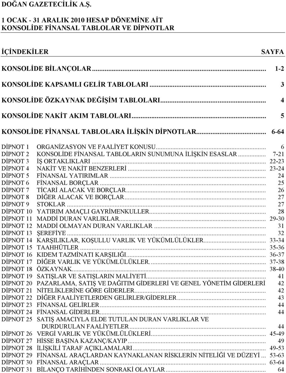 .. 6 DİPNOT 2 KONSOLİDE FİNANSAL TABLOLARIN SUNUMUNA İLİŞKİN ESASLAR... 7-21 DİPNOT 3 İŞ ORTAKLIKLARI... 22-23 DİPNOT 4 NAKİT VE NAKİT BENZERLERİ... 23-24 DİPNOT 5 FİNANSAL YATIRIMLAR.