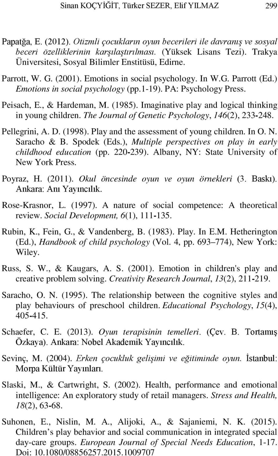 Peisach, E., & Hardeman, M. (1985). Imaginative play and logical thinking in young children. The Journal of Genetic Psychology, 146(2), 233-248. Pellegrini, A. D. (1998).