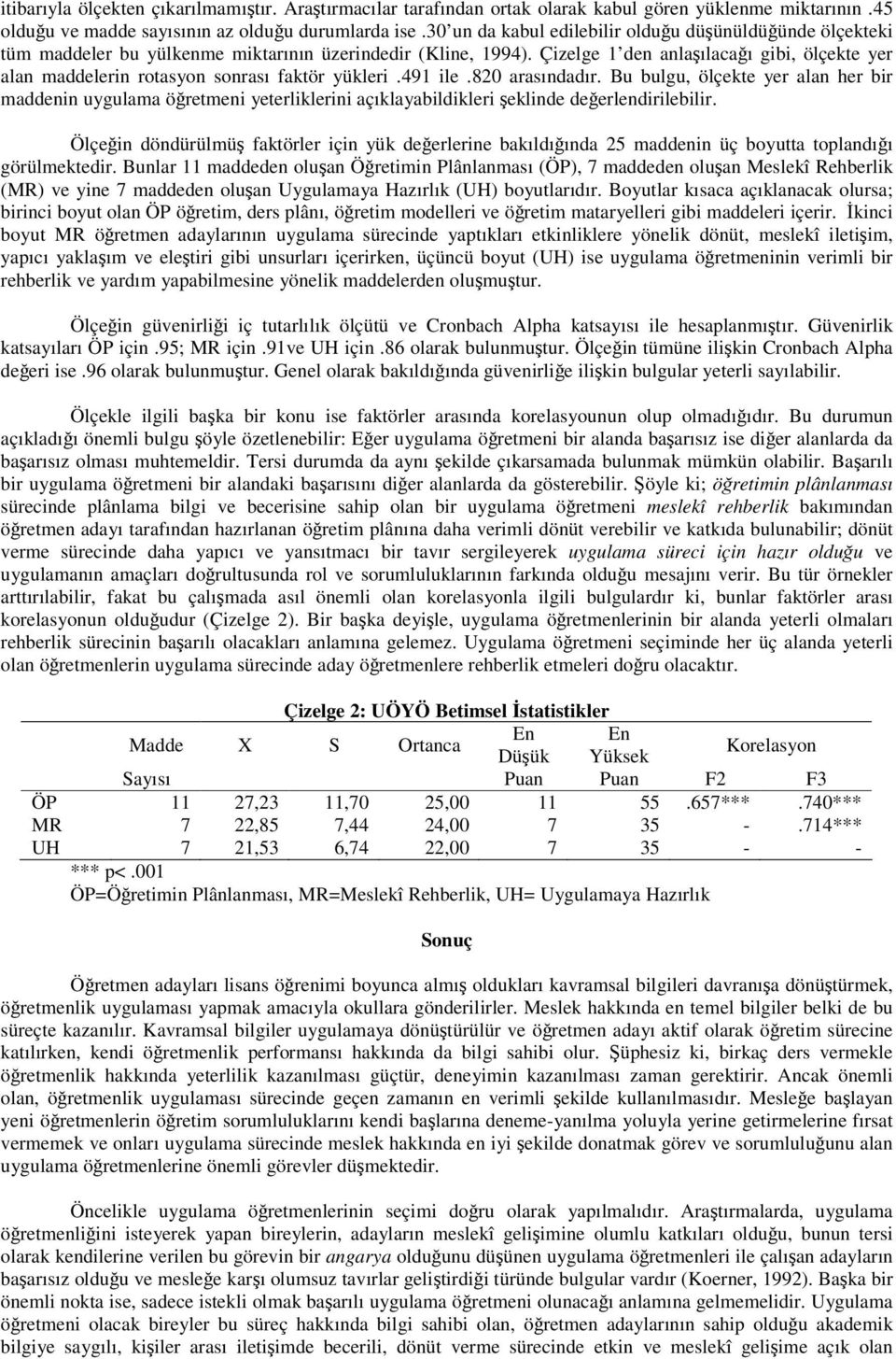 Çizelge 1 den anlaılacaı gibi, ölçekte yer alan maddelerin rotasyon sonrası faktör yükleri.491 ile.820 arasındadır.