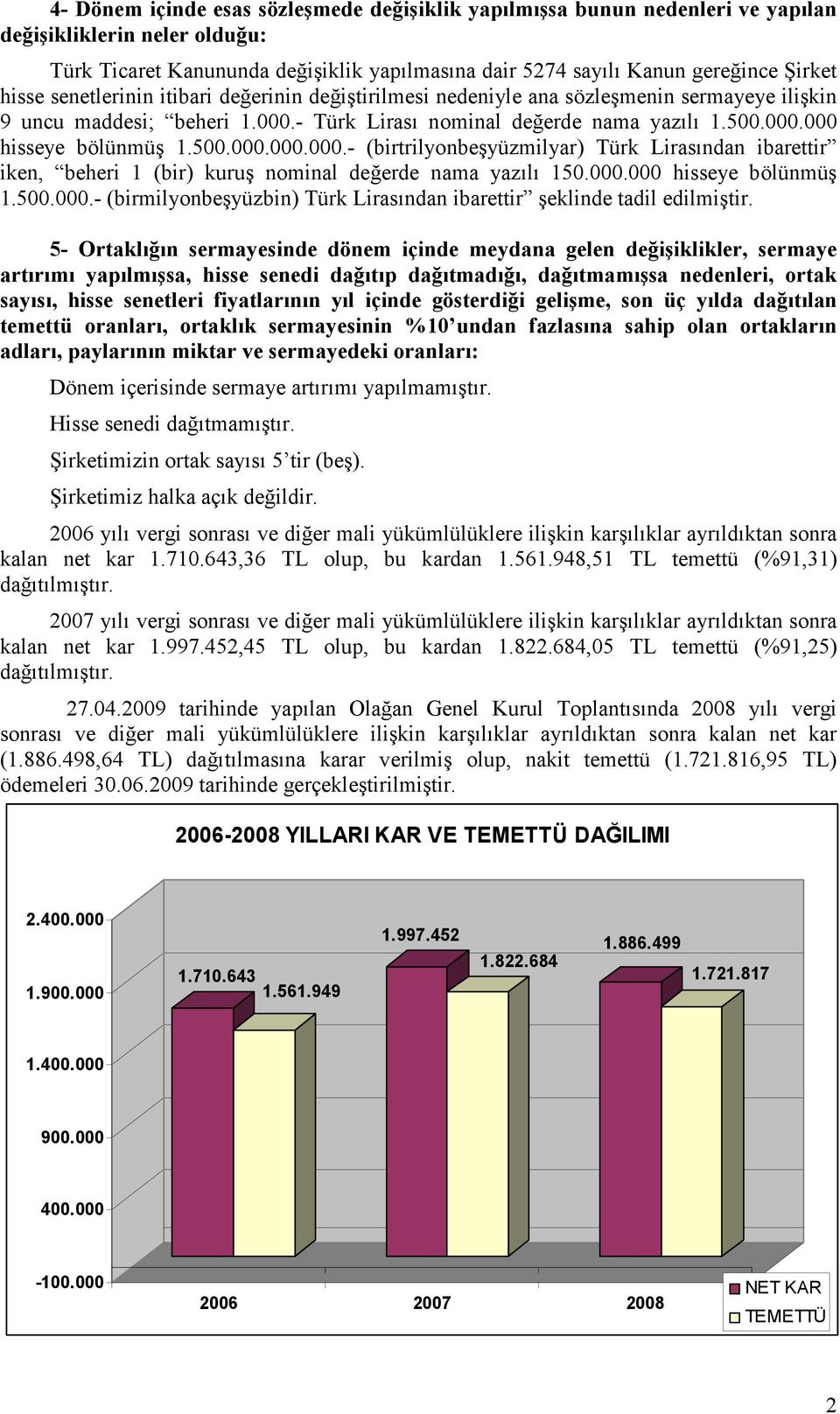 500.000.000.000.- (birtrilyonbeşyüzmilyar) Türk Lirasından ibarettir iken, beheri 1 (bir) kuruş nominal değerde nama yazılı 150.000.000 hisseye bölünmüş 1.500.000.- (birmilyonbeşyüzbin) Türk Lirasından ibarettir şeklinde tadil edilmiştir.