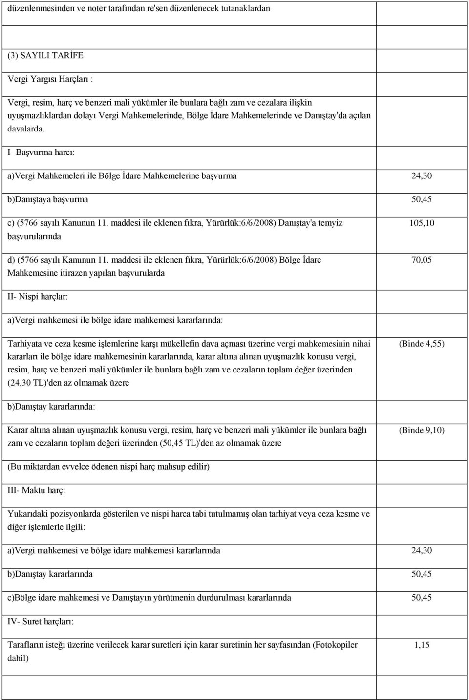 I- BaĢvurma harcı: a)vergi Mahkemeleri ile Bölge Ġdare Mahkemelerine baģvurma 24,30 b)danıģtaya baģvurma 50,45 c) (5766 sayılı Kanunun 11.