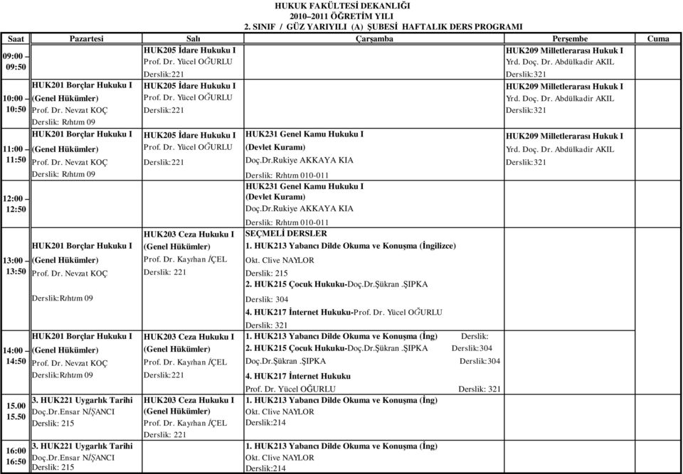 Dr. Nevzat KOÇ Derslik:321 Derslik: R ht m 09 HUK201 Borçlar Hukuku I HUK205 dare Hukuku I HUK231 Genel Kamu Hukuku I HUK209 Milletleraras Hukuk I 11:00 12:00 13:00 14:00 15.