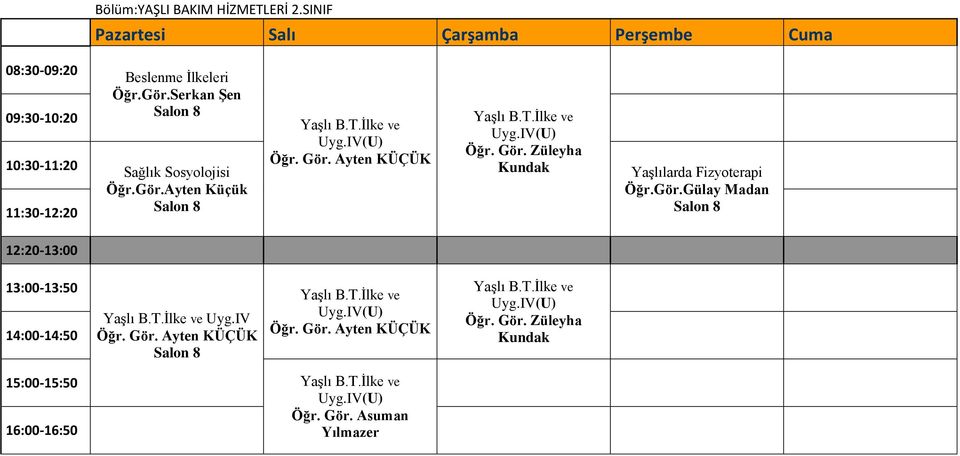 Gör.Gülay Madan Salon 8 Yaşlı B.T.İlke ve Uyg.IV Öğr. Gör. Ayten KÜÇÜK Salon 8 Yaşlı B.T.İlke ve Uyg.IV(U) Öğr. Gör. Ayten KÜÇÜK Yaşlı B.