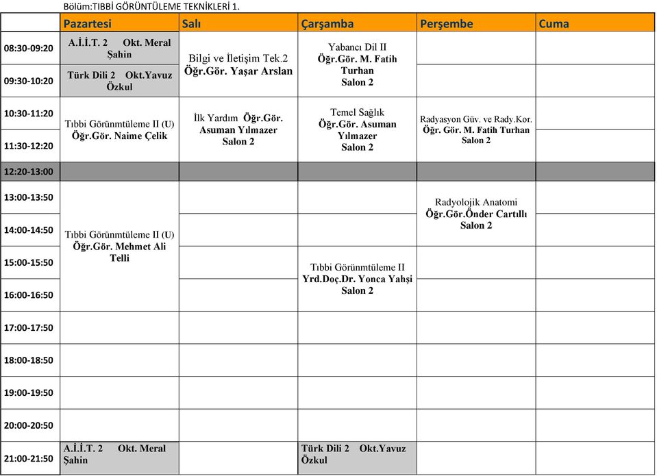 Gör. Asuman Yılmazer Salon 2 Radyasyon Güv. ve Rady.Kor. Öğr. Gör. M. Fatih Turhan Salon 2 Tıbbi Görünmtüleme II (U) Öğr.Gör. Mehmet Ali Telli Tıbbi Görünmtüleme II Yrd.