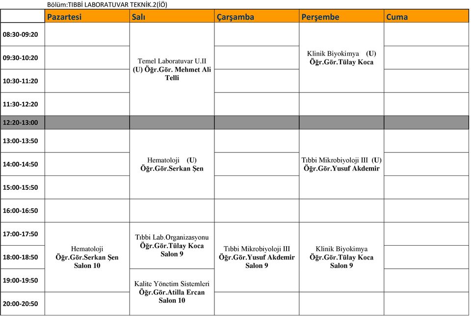 Gör.Yusuf Akdemir Hematoloji Öğr.Gör.Serkan Şen Tıbbi Lab.Organizasyonu Öğr.Gör.Tülay Koca Salon 9 Tıbbi Mikrobiyoloji III Öğr.