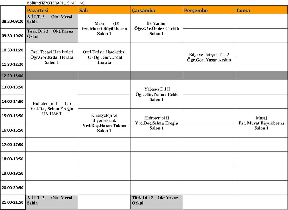 2 Öğr.Gör. Yaşar Arslan Hidroterapi II (U) Yrd.Doç.Selma Eroğlu UA HAST Kinezyoloji ve Biyomekanik Yrd.Doç.Hasan Toktaş Yabancı Dil II Öğr.