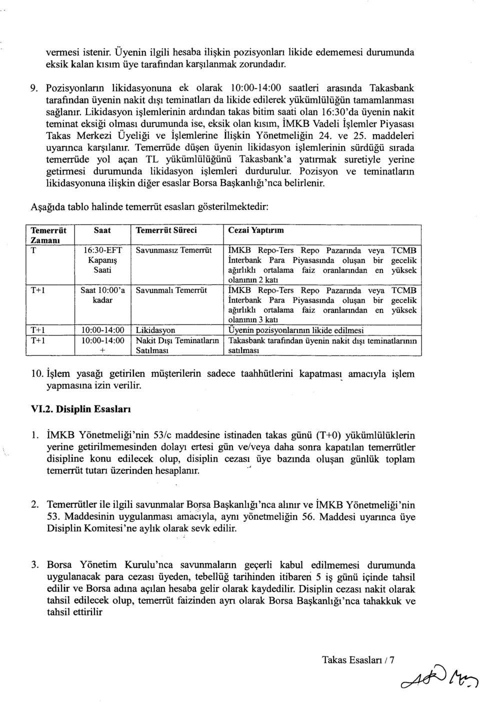 Likidasyon işlemlerinin ardından takas bitim saati olan 16:30'da üyenin nakit teminat eksiği olması durumunda ise, eksik olan kısım, İMKB Vadeli İşlemler Piyasası Takas Merkezi Üyeliği ve İşlemlerine