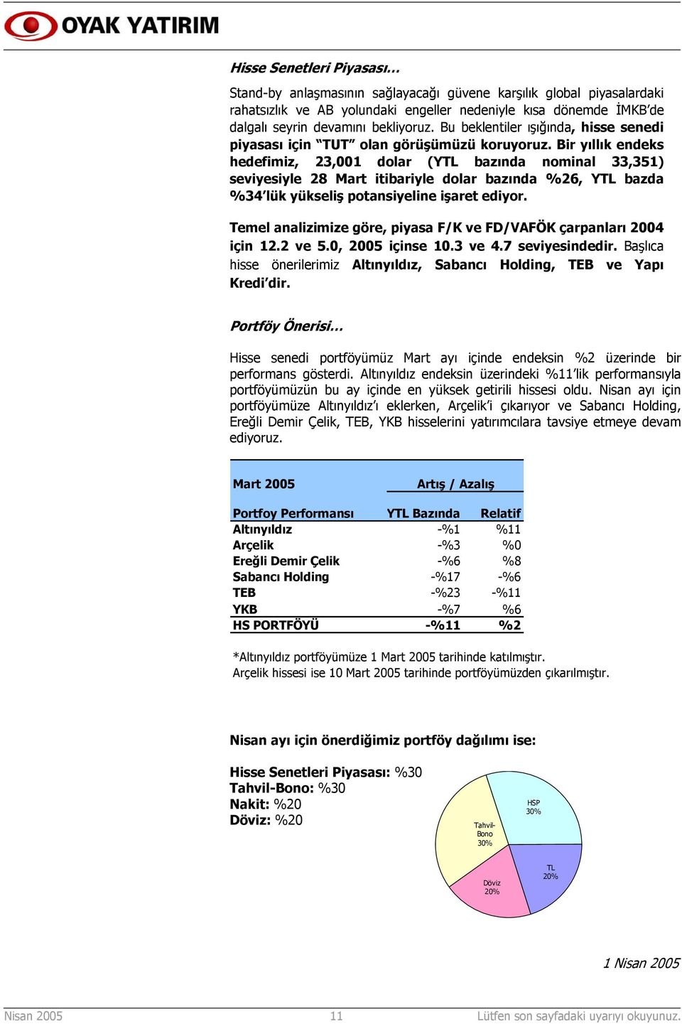 Bir yıllık endeks hedefimiz, 23,001 dolar (YTL bazında nominal 33,351) seviyesiyle 28 Mart itibariyle dolar bazında %26, YTL bazda %34 lük yükseliş potansiyeline işaret ediyor.