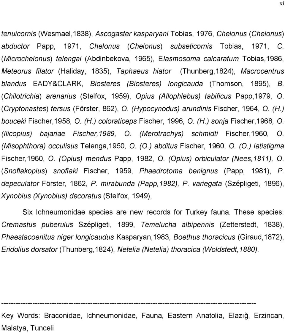 (Biosteres) longicauda (Thomson, 1895), B. (Chilotrichia) arenarius (Stelfox, 1959), Opius (Allophlebus) tabificus Papp,1979, O. (Cryptonastes) tersus (Förster, 862), O.