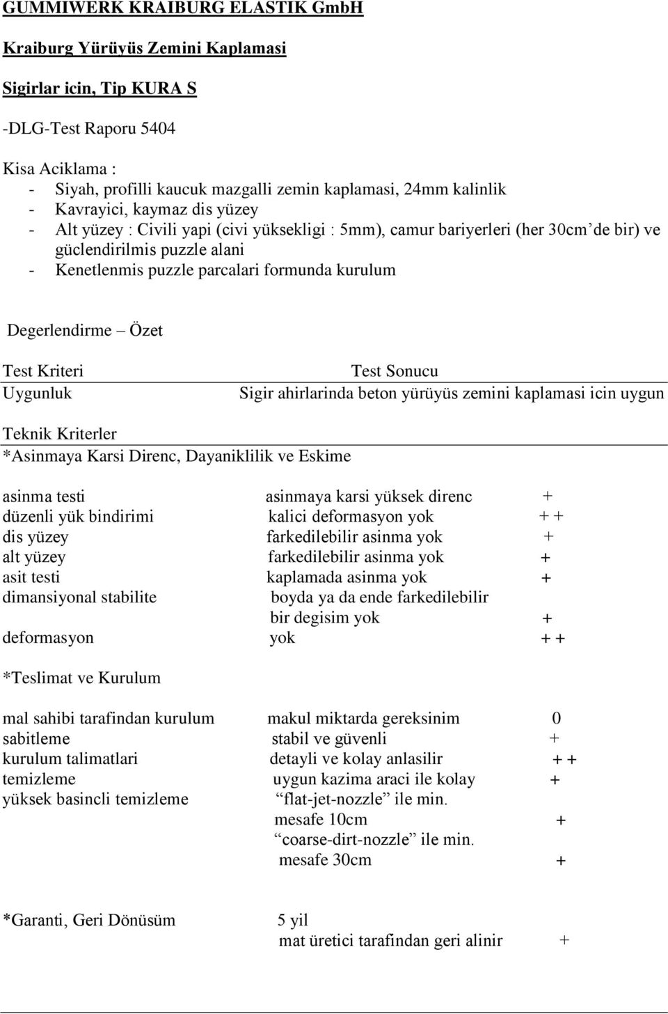 Degerlendirme Özet Test Kriteri Uygunluk Test Sonucu Sigir ahirlarinda beton yürüyüs zemini kaplamasi icin uygun Teknik Kriterler *Asinmaya Karsi Direnc, Dayaniklilik ve Eskime asinma testi asinmaya