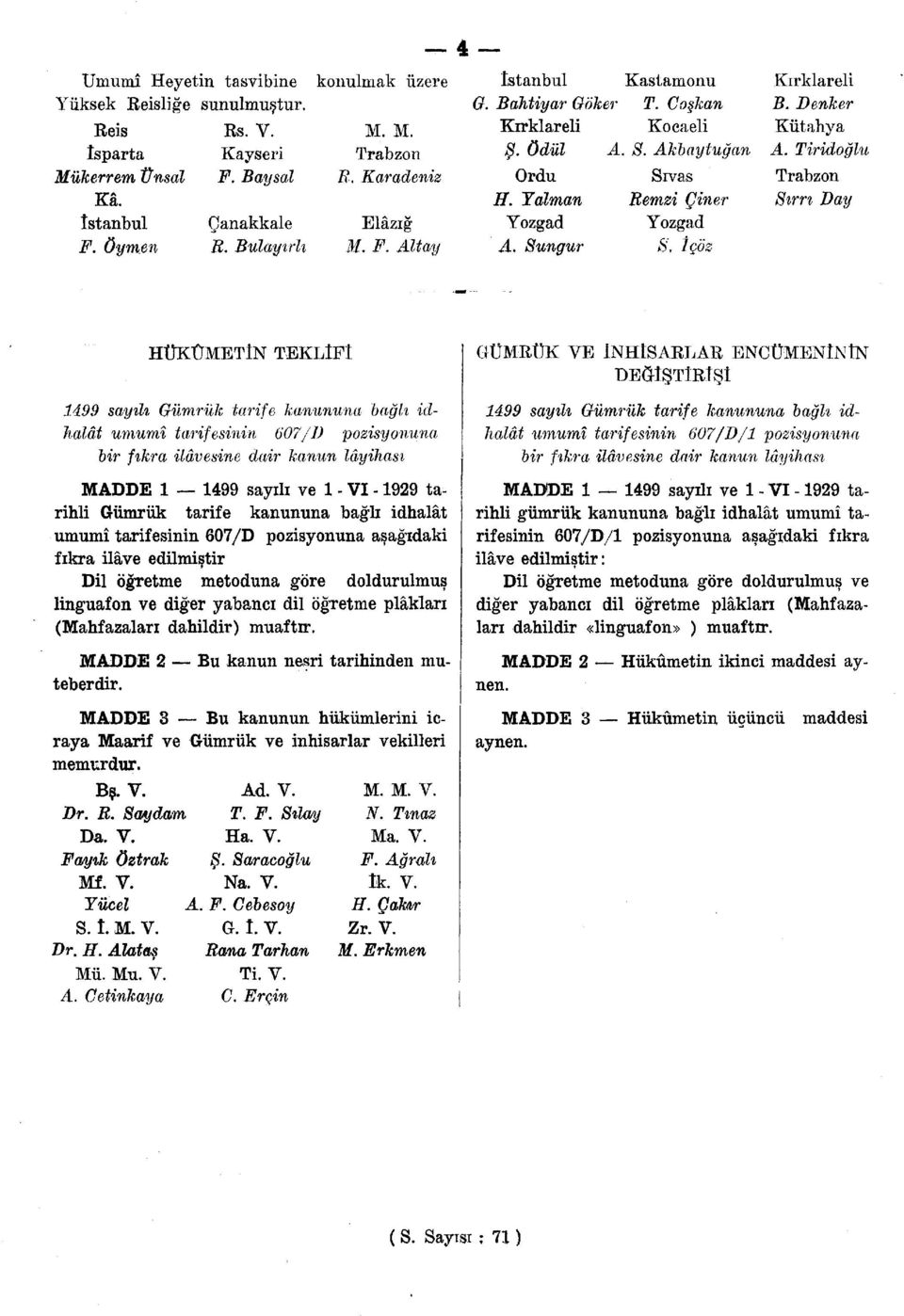 Sungur S, İçöz HÜKÜMETİN TEKLİFİ 1499 sayılı Gümrük tarife kanununa bağlı id- Jıalât umumî tarifesinin 607/1) pozisyonuna bir fıkra ilâvesine dair kanun lâyihası MADDE 1 1499 sayılı ve 1 - VI -1929