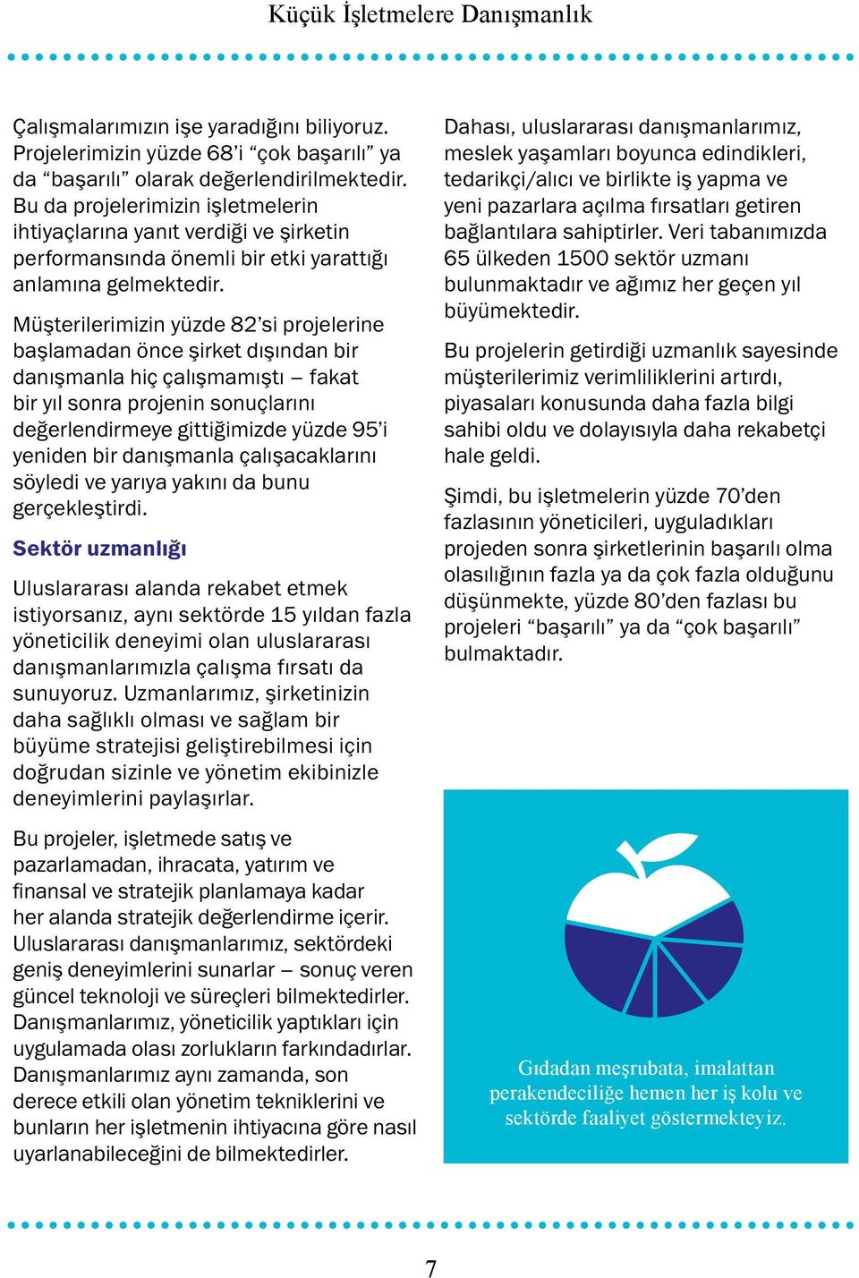 Müşterilerimizin yüzde 82 si projelerine başlamadan önce şirket dışından bir danışmanla hiç çalışmamıştı fakat bir yıl sonra projenin sonuçlarını değerlendirmeye gittiğimizde yüzde 95 i yeniden bir