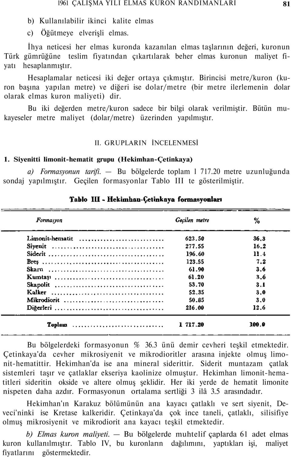 Hesaplamalar neticesi iki değer ortaya çıkmıştır. Birincisi metre/kuron (kuron başına yapılan metre) ve diğeri ise dolar/metre (bir metre ilerlemenin dolar olarak elmas kuron maliyeti) dir.