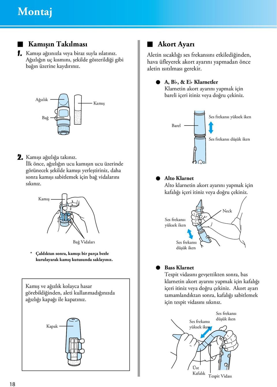 Ağızlık Kamış A, Bb, & Eb Klarnetler Klarnetin akort ayarını yapmak için bareli içeri itiniz veya doğru çekiniz. Bağ Barel Ses frekansı yüksek iken Ses frekansı düşük iken 2. Kamışı ağızlığa takınız.