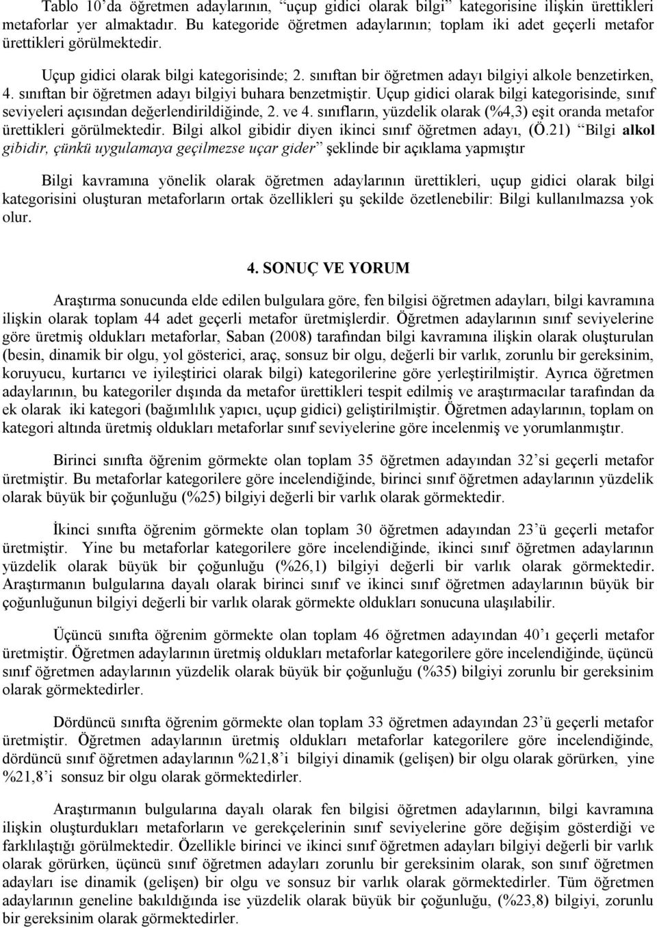 sınıftan bir öğretmen adayı bilgiyi buhara benzetmiştir. Uçup gidici olarak bilgi kategorisinde, sınıf seviyeleri açısından değerlendirildiğinde, 2. ve 4.