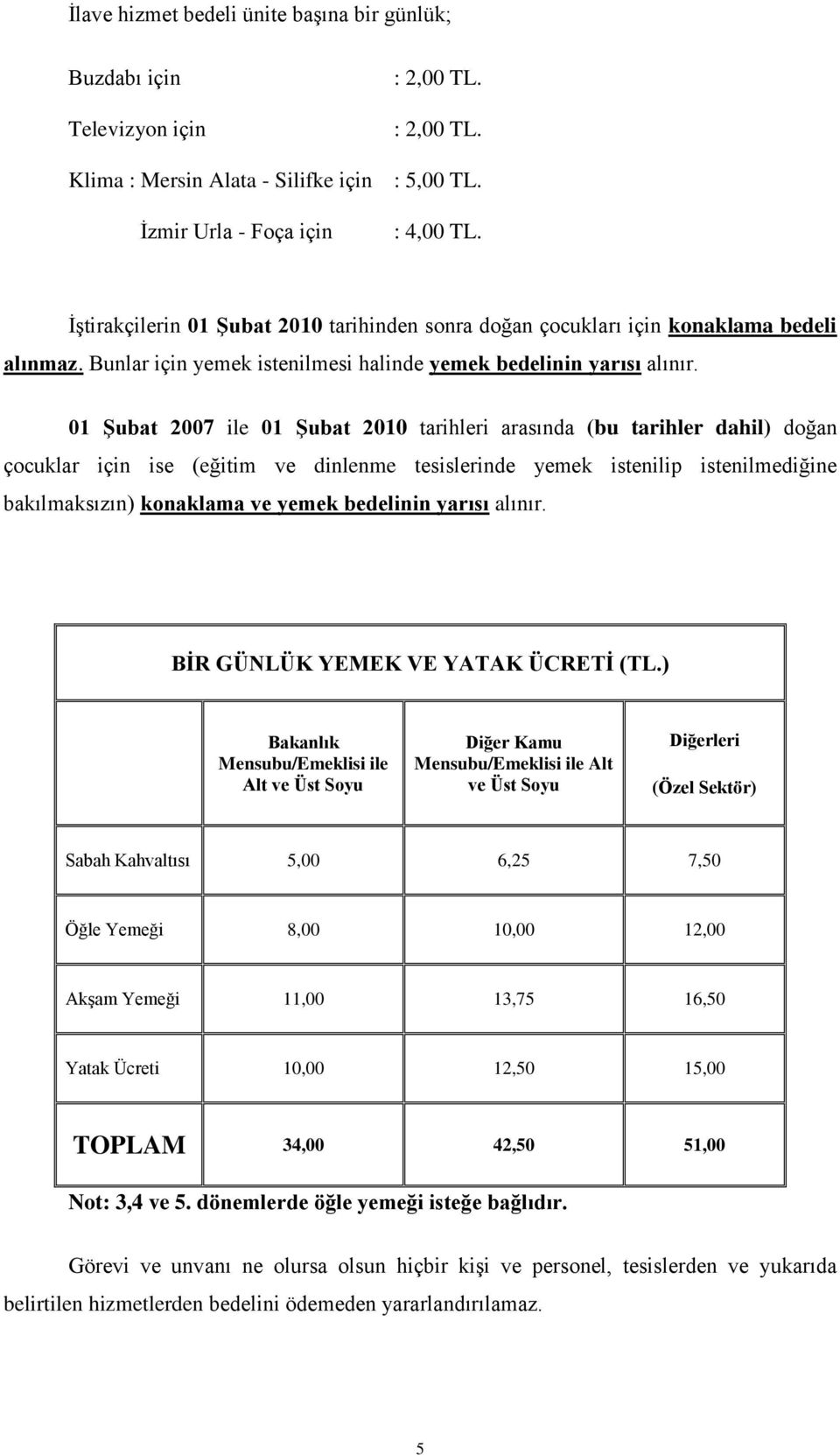 01 Şubat 2007 ile 01 Şubat 2010 tarihleri arasında (bu tarihler dahil) doğan çocuklar için ise (eğitim ve dinlenme tesislerinde yemek istenilip istenilmediğine bakılmaksızın) konaklama ve yemek