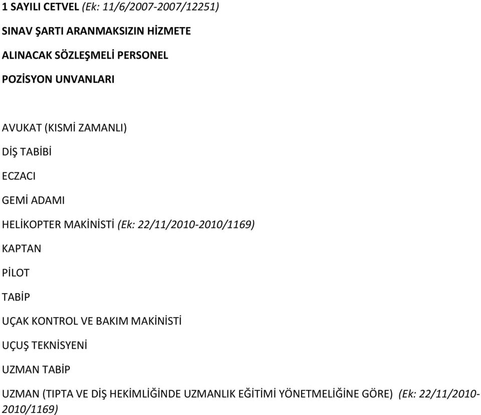 MAKİNİSTİ (Ek: 22/11/2010-2010/1169) KAPTAN PİLOT TABİP UÇAK KONTROL VE BAKIM MAKİNİSTİ UÇUŞ