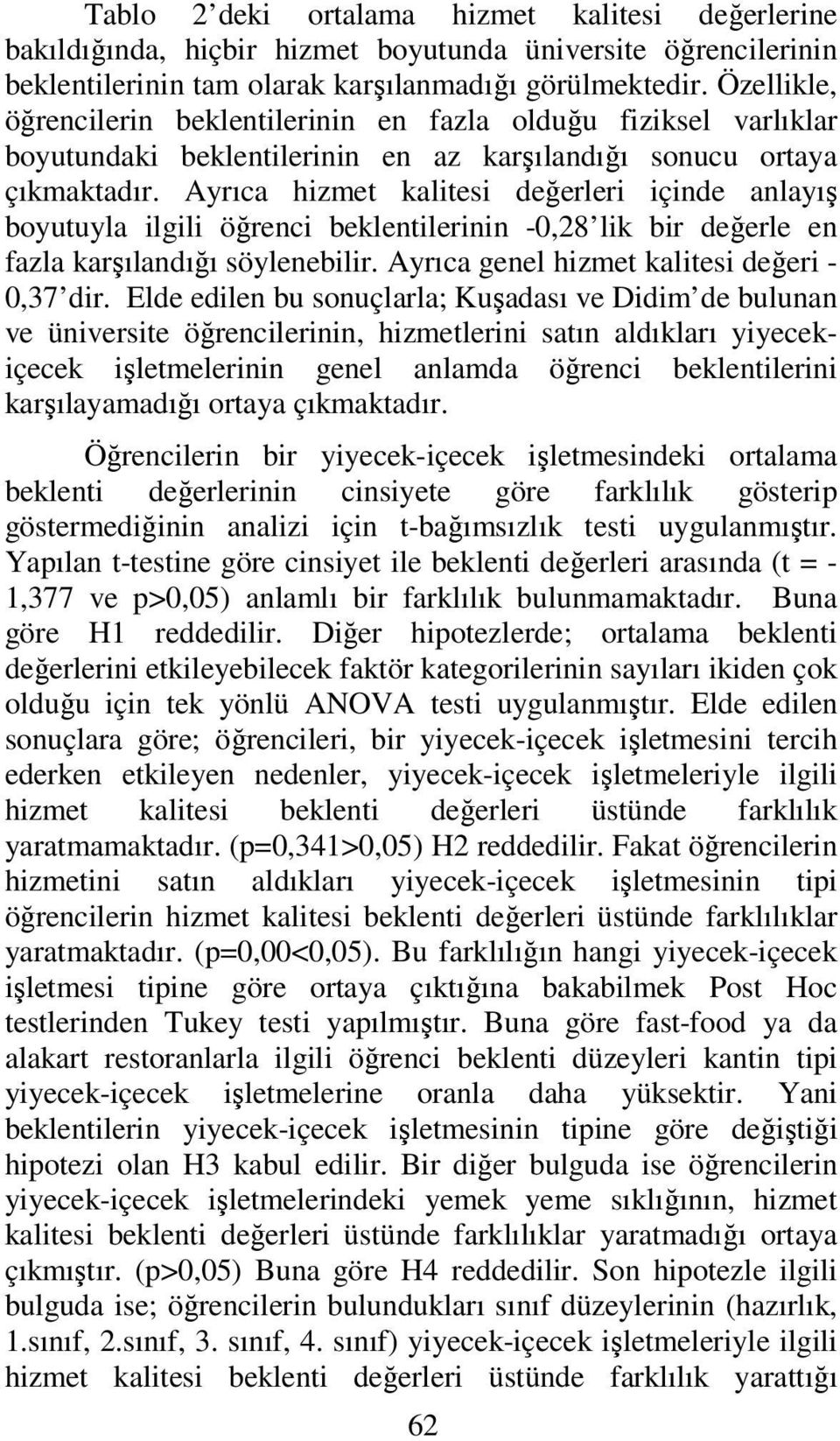 Ayrıca hizmet kalitesi değerleri içinde anlayış boyutuyla ilgili öğrenci beklentilerinin -0,28 lik bir değerle en fazla karşılandığı söylenebilir. Ayrıca genel hizmet kalitesi değeri - 0,37 dir.