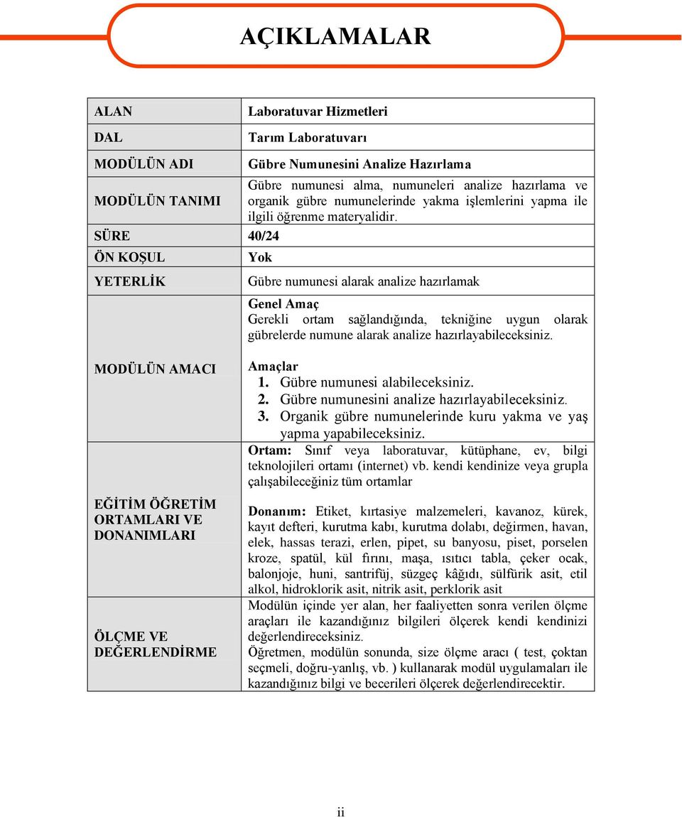 SÜRE 40/24 ÖN KOŞUL YETERLİK Yok Gübre numunesi alarak analize hazırlamak Genel Amaç Gerekli ortam sağlandığında, tekniğine uygun olarak gübrelerde numune alarak analize hazırlayabileceksiniz.