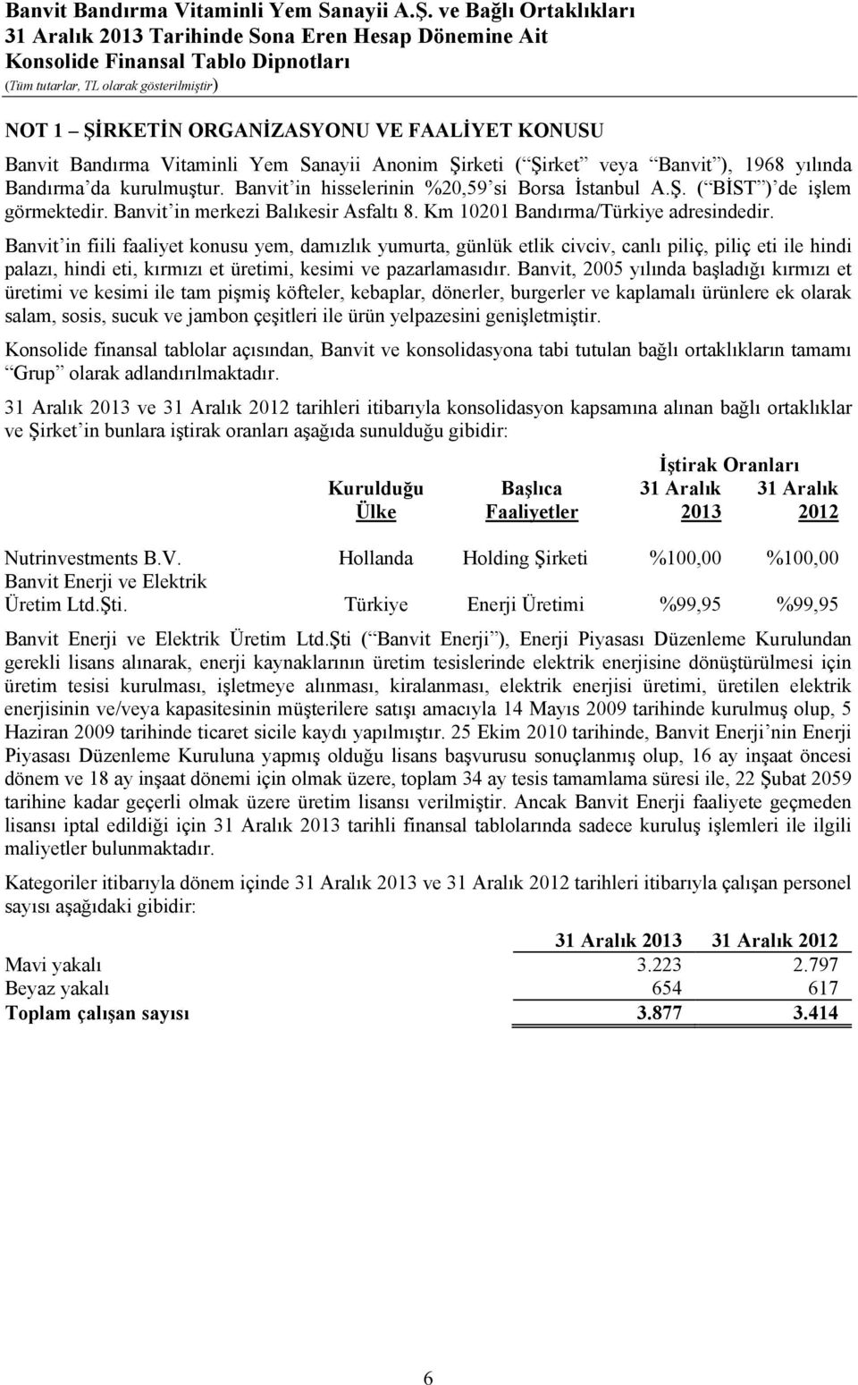 Banvit in fiili faaliyet konusu yem, damızlık yumurta, günlük etlik civciv, canlı piliç, piliç eti ile hindi palazı, hindi eti, kırmızı et üretimi, kesimi ve pazarlamasıdır.