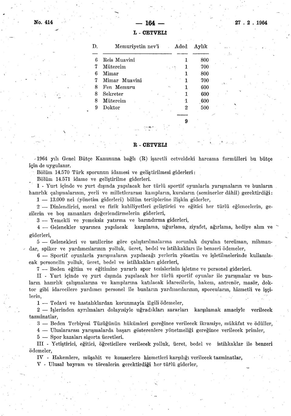 Kanununa bağlı (R) işaretli cetveldeki harcama formülleri bu bütçe için de uygulanır. Bölüm 4.570 Türk sporunun idamesi ve geliştirilmesi giderleri: Bölüm 4.57 idame ve geliştirilme giderleri.