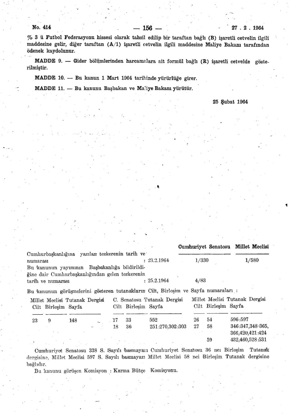 tarafından ödenek kaydolunur. göste MADDE 9. Gider bölümlerinden harcamalara ait formül bağlı (R) işaretli cetvelde rilmiştir. MADDE 0. Bu kanun Mart 964 tarihinde yürürlüğe girer. MADDE. Bu kanunu Başbakan ve Maliye Bakanı yürütür.