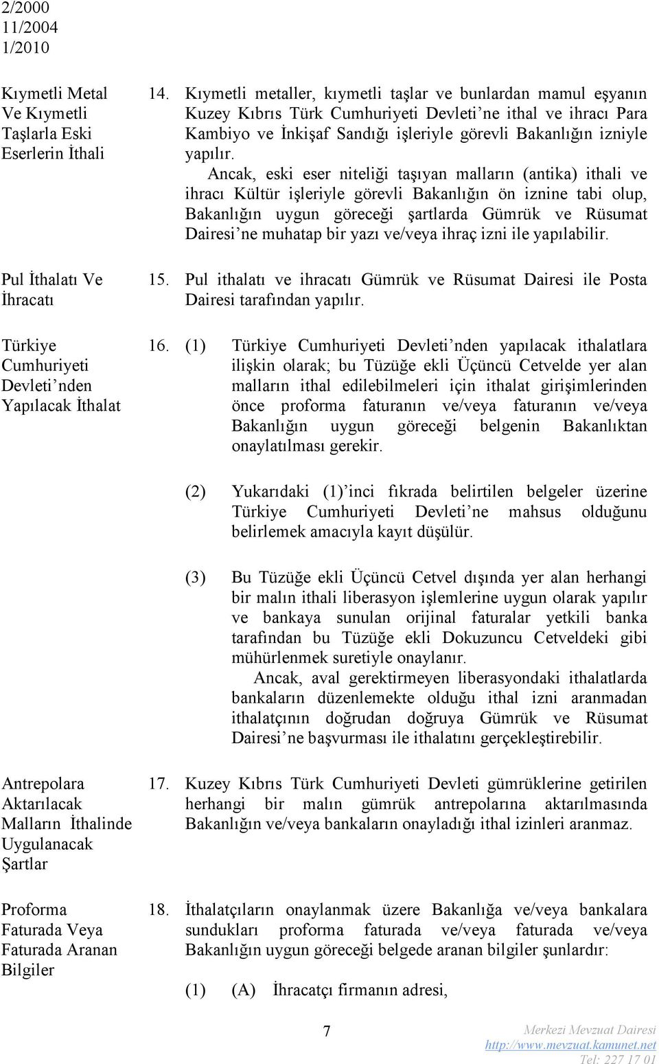 Ancak, eski eser niteliği taşıyan malların (antika) ithali ve ihracı Kültür işleriyle görevli Bakanlığın ön iznine tabi olup, Bakanlığın uygun göreceği şartlarda Gümrük ve Rüsumat Dairesi ne muhatap