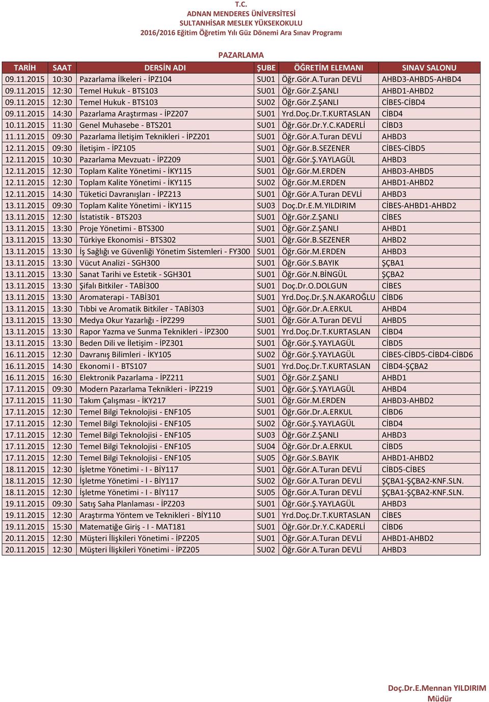 Gör.A.Turan DEVLİ AHBD3 12.11.2015 09:30 İletişim - İPZ105 SU01 Öğr.Gör.B.SEZENER CİBES-CİBD5 12.11.2015 10:30 Pazarlama Mevzuatı - İPZ209 SU01 Öğr.Gör.Ş.YAYLAGÜL AHBD3 12.11.2015 14:30 Tüketici Davranışları - İPZ213 SU01 Öğr.